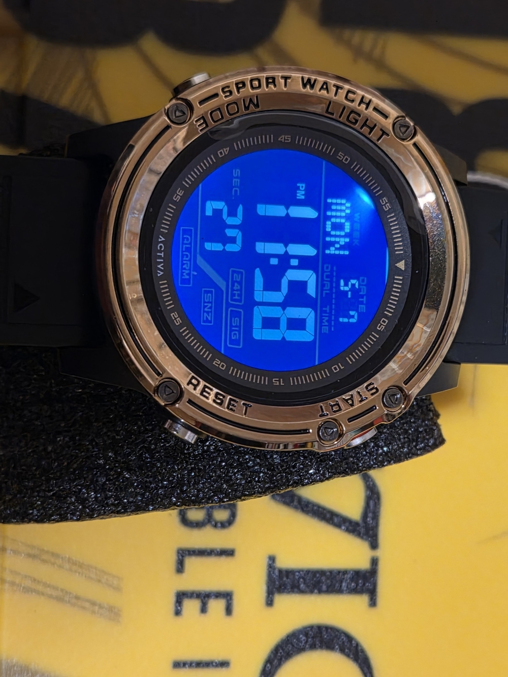 Men's Digital Sport Watch with Black Strap and Rose Gold Bezel